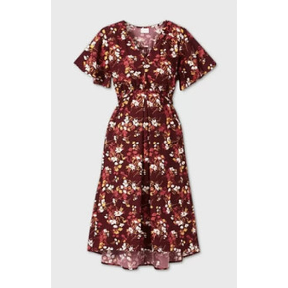 Isabel Maternity Floral Print Short Sleeve Woven Burgundy Dress - XS - NWT - Picture 9 of 9